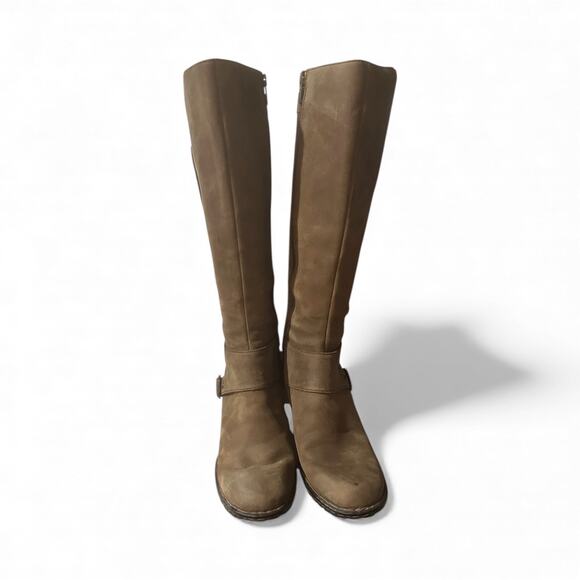 Born ~ Brown Nu Buck Knee High Stacked Heel Boots Size 7 Size Full Zip Buckle - Picture 4 of 8